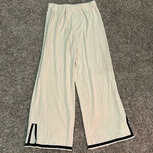 Cream Knit Wide-Leg Pants with Black Trim